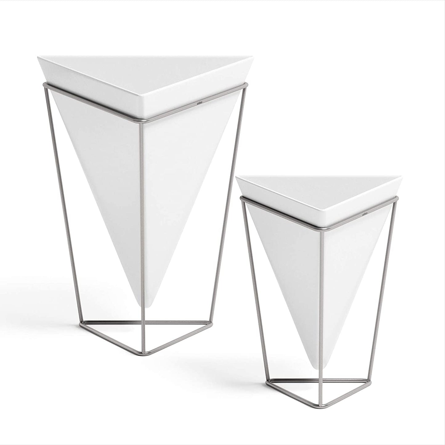 Modern Trigg Desktop Planter Set - Stylish Geometric Ceramic Vases for Succulents, Air Plants, and Mini Cacti - White and Nickel Finish, Set of 2