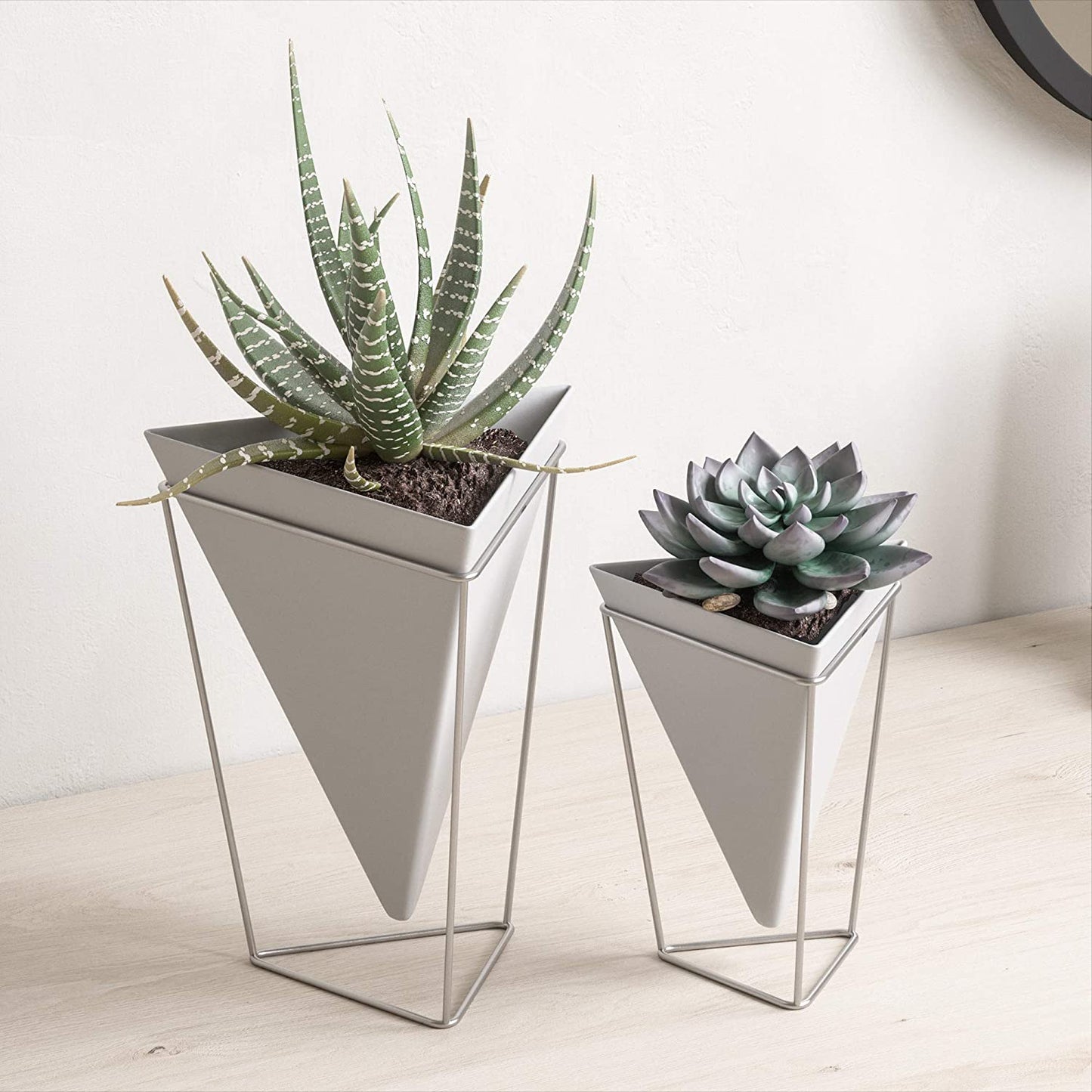 Modern Trigg Desktop Planter Set - Stylish Geometric Ceramic Vases for Succulents, Air Plants, and Mini Cacti - White and Nickel Finish, Set of 2