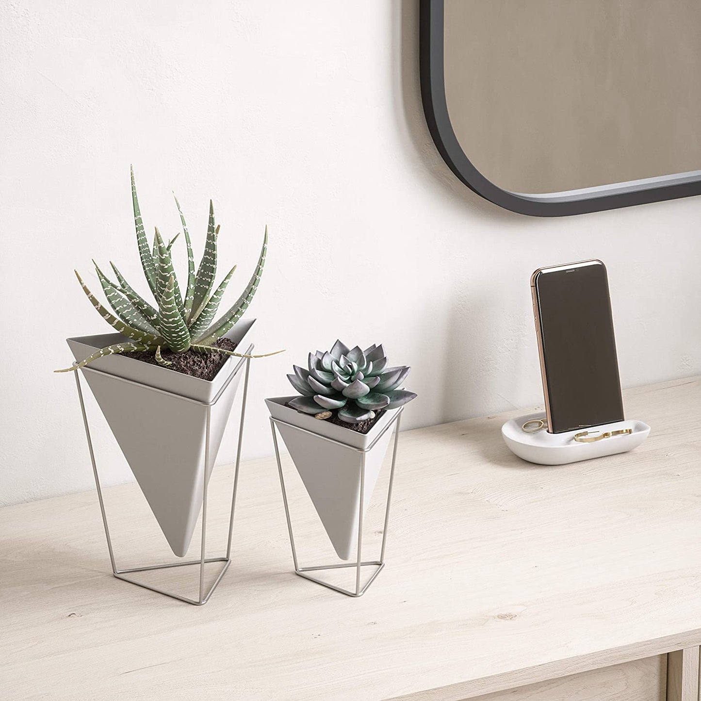 Modern Trigg Desktop Planter Set - Stylish Geometric Ceramic Vases for Succulents, Air Plants, and Mini Cacti - White and Nickel Finish, Set of 2
