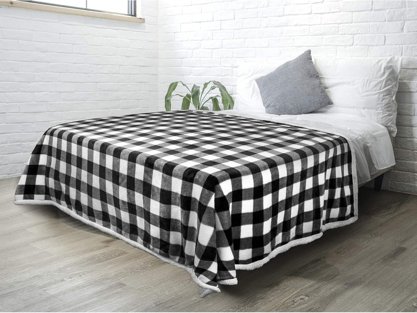 Cozy King Black & White Buffalo Plaid Sherpa Blanket - Plush Checkered Fleece & Flannel for Ultimate Warmth, Perfect for Couch & Sofa, 90x108 Inches