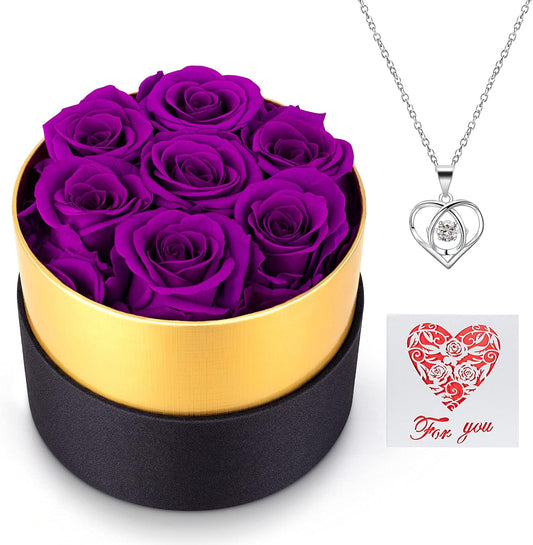 Preserved Real Roses with Heart Necklace. Valentines Day Gifts for Her. Forever Rose Gifts for Mom/Sister/Wife/Women on Mothers Day, Birthday, Anniversary, Christmas (Purple)
