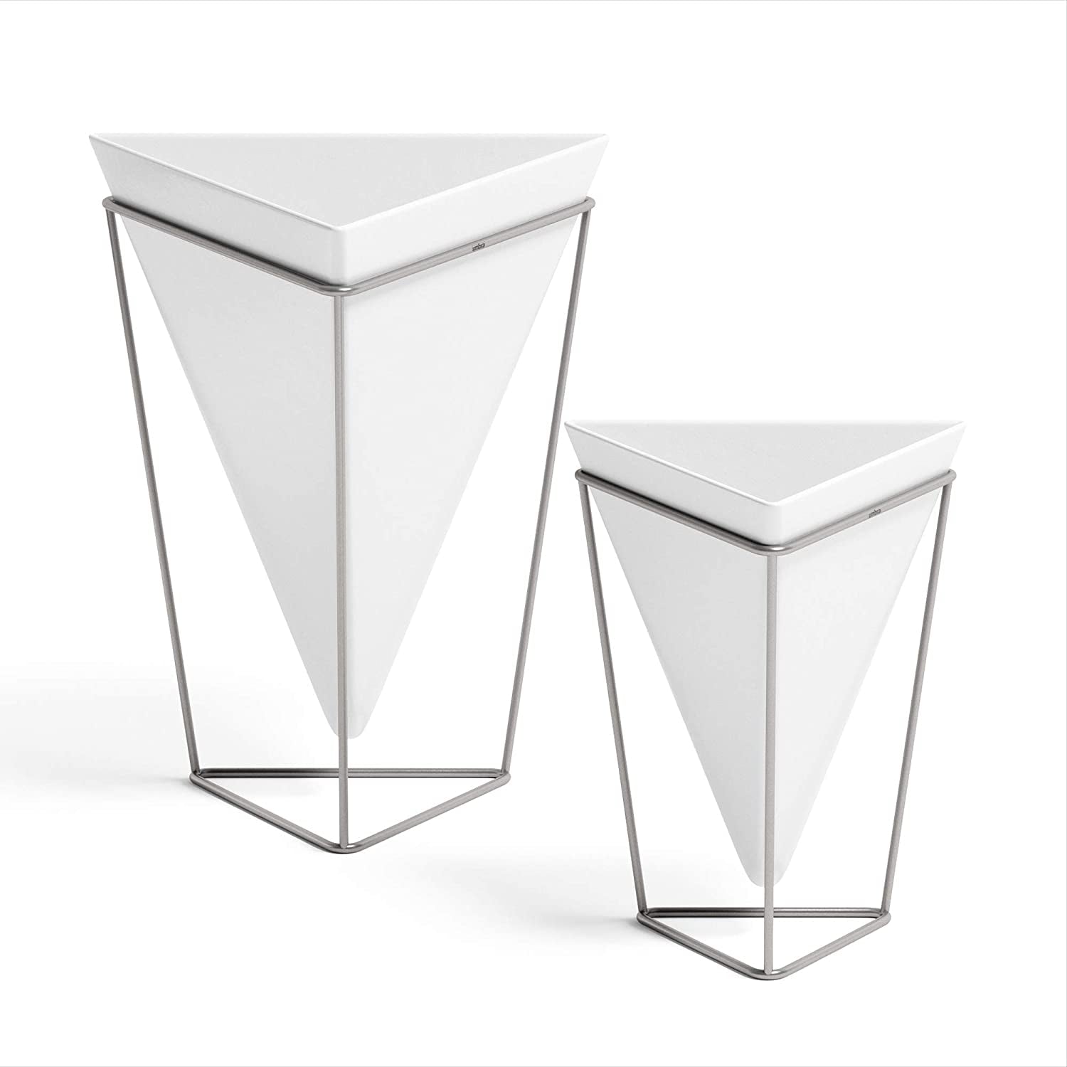 Modern Trigg Desktop Planter Set - Stylish Geometric Ceramic Vases for Succulents, Air Plants, and Mini Cacti - White and Nickel Finish, Set of 2