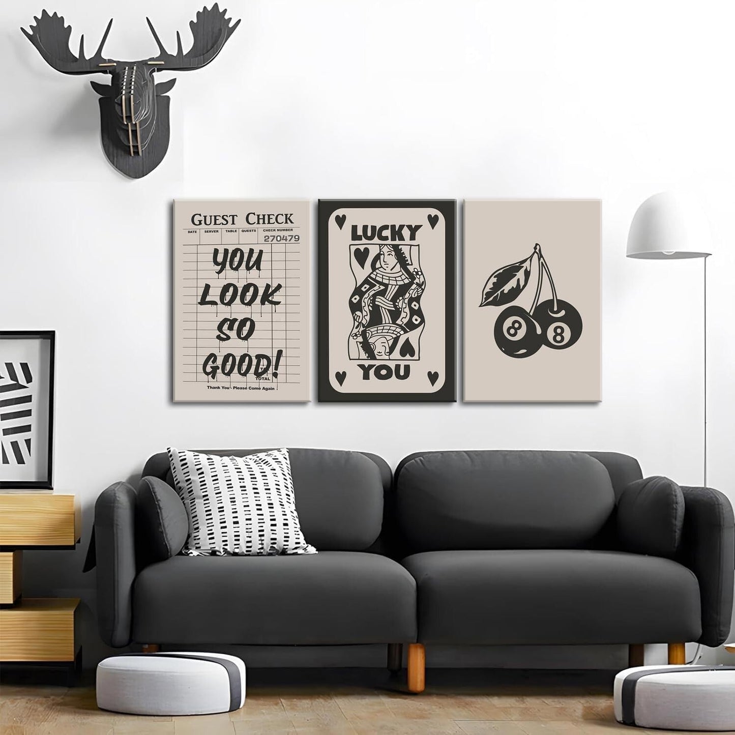 Fashion Poker Framed Canvas Wall Art Set of 3 - Vintage Queen and Lucky You P...