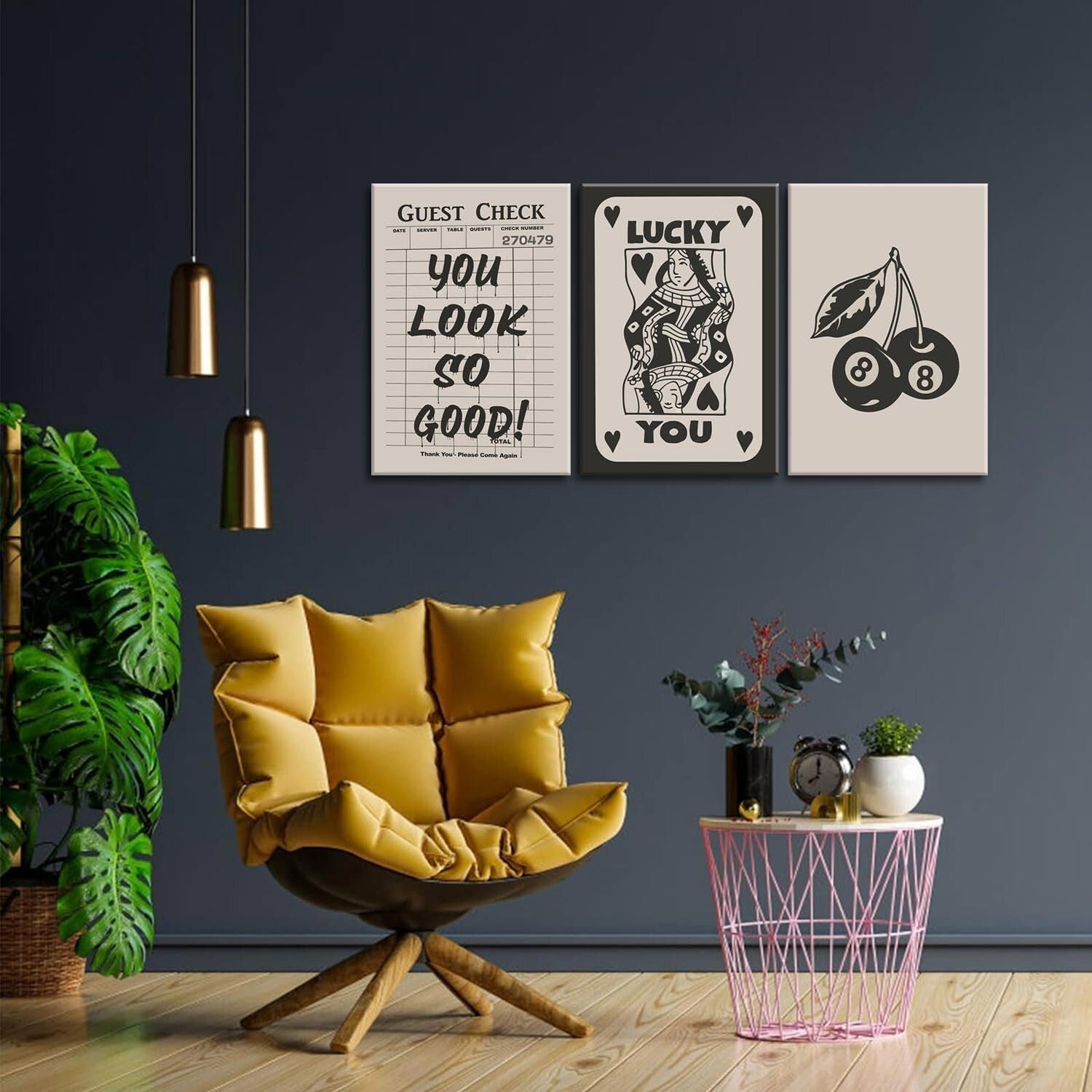 Fashion Poker Framed Canvas Wall Art Set of 3 - Vintage Queen and Lucky You P...