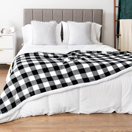 Cozy King Black & White Buffalo Plaid Sherpa Blanket - Plush Checkered Fleece & Flannel for Ultimate Warmth, Perfect for Couch & Sofa, 90x108 Inches