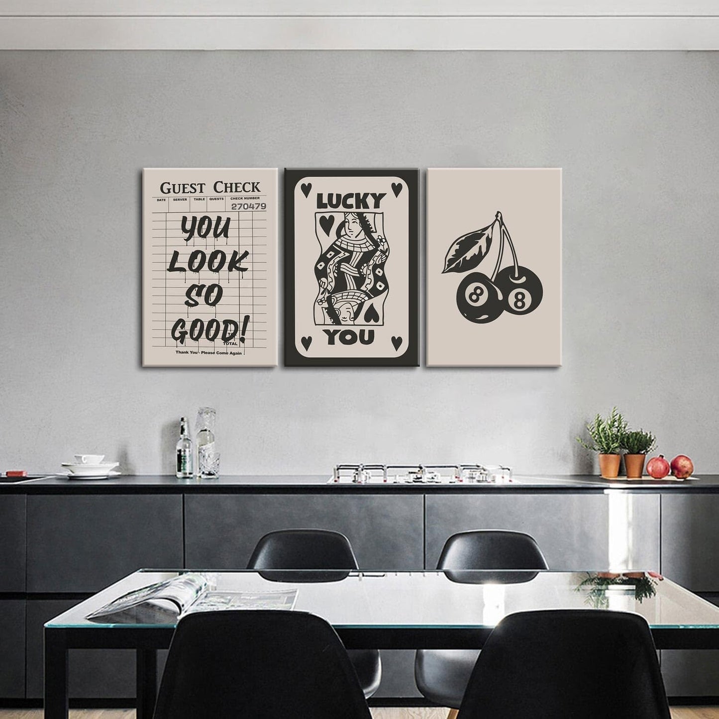 Fashion Poker Framed Canvas Wall Art Set of 3 - Vintage Queen and Lucky You P...