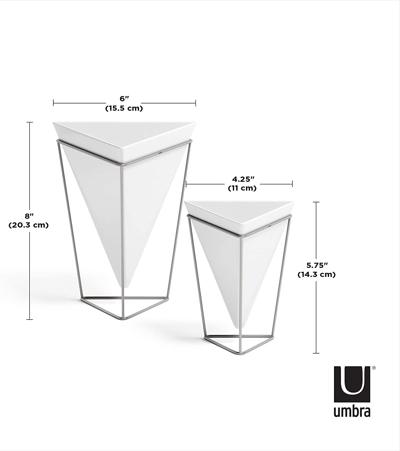 Modern Trigg Desktop Planter Set - Stylish Geometric Ceramic Vases for Succulents, Air Plants, and Mini Cacti - White and Nickel Finish, Set of 2
