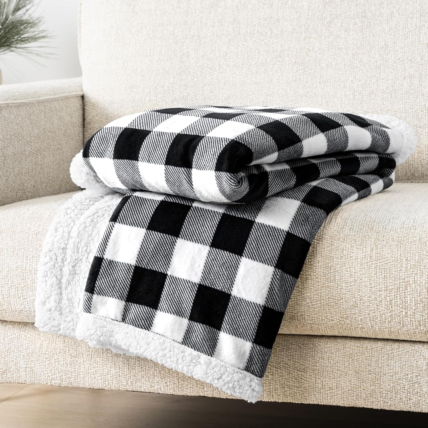 Cozy King Black & White Buffalo Plaid Sherpa Blanket - Plush Checkered Fleece & Flannel for Ultimate Warmth, Perfect for Couch & Sofa, 90x108 Inches