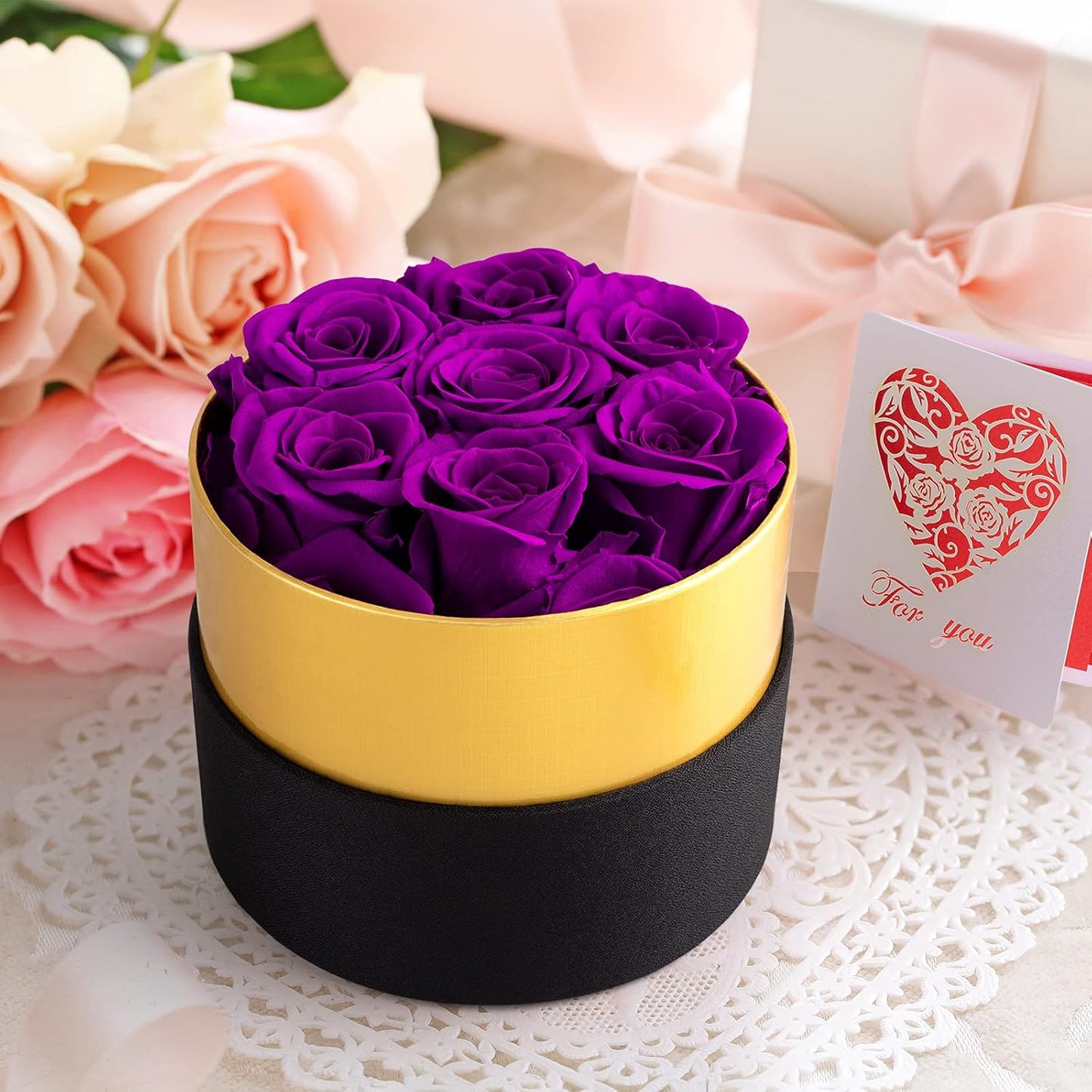 Preserved Real Roses with Heart Necklace. Valentines Day Gifts for Her. Forever Rose Gifts for Mom/Sister/Wife/Women on Mothers Day, Birthday, Anniversary, Christmas (Purple)