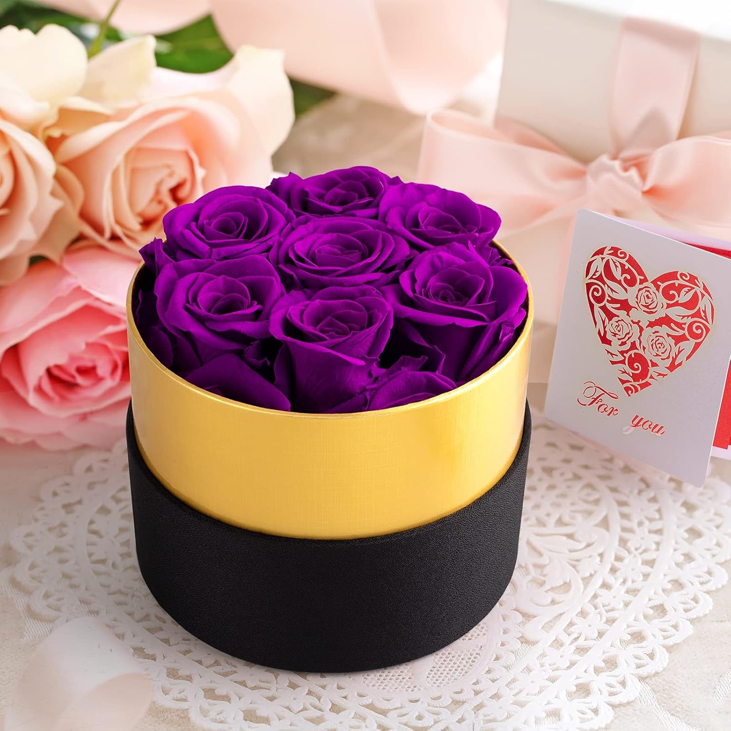 Preserved Real Roses with Heart Necklace. Valentines Day Gifts for Her. Forever Rose Gifts for Mom/Sister/Wife/Women on Mothers Day, Birthday, Anniversary, Christmas (Purple)