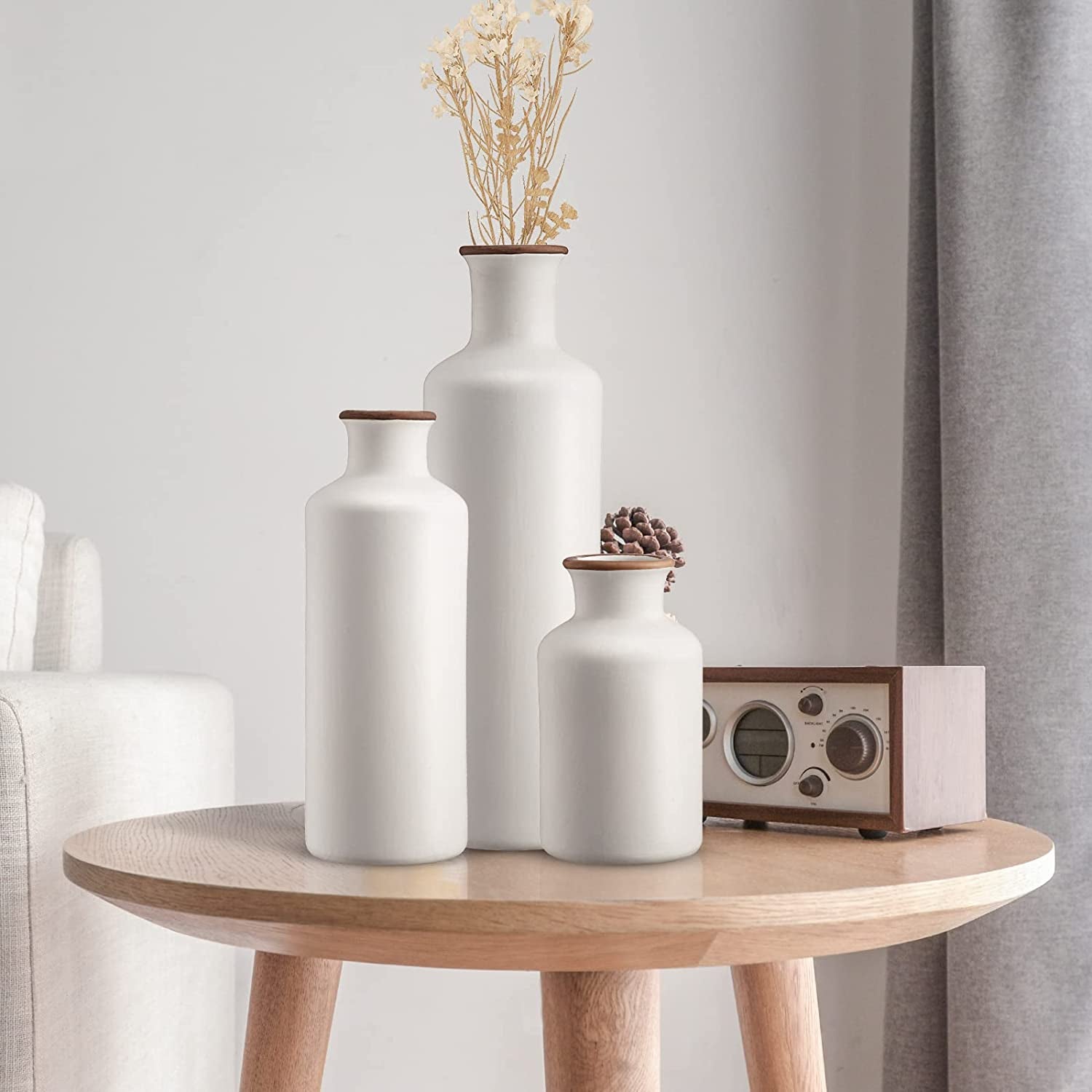 3Pcs Ceramic Vases, Rustic Decorative Flower Vases Set for Modern Farmhouse Decoration, Living Room Centerpieces and Events, Table, Bookshelf, Mantel and Entryway Decor (White)