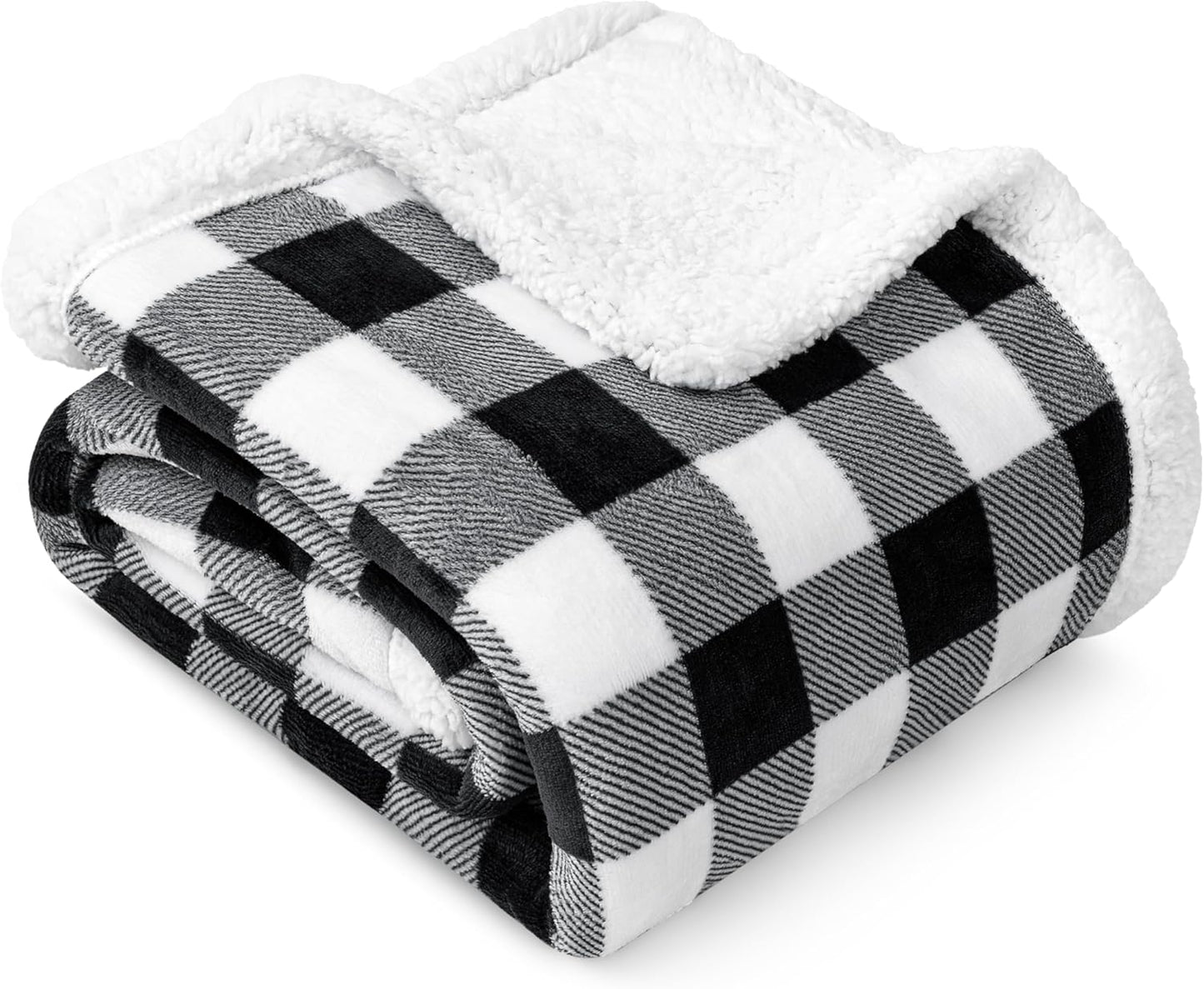 Cozy King Black & White Buffalo Plaid Sherpa Blanket - Plush Checkered Fleece & Flannel for Ultimate Warmth, Perfect for Couch & Sofa, 90x108 Inches