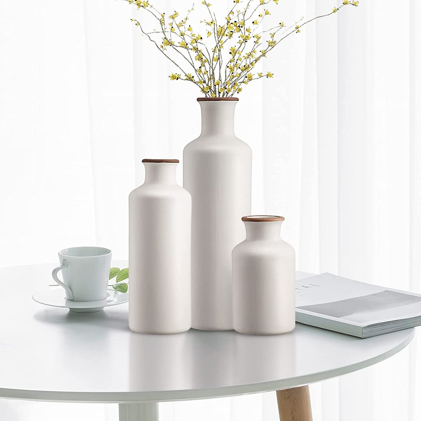 3Pcs Ceramic Vases, Rustic Decorative Flower Vases Set for Modern Farmhouse Decoration, Living Room Centerpieces and Events, Table, Bookshelf, Mantel and Entryway Decor (White)