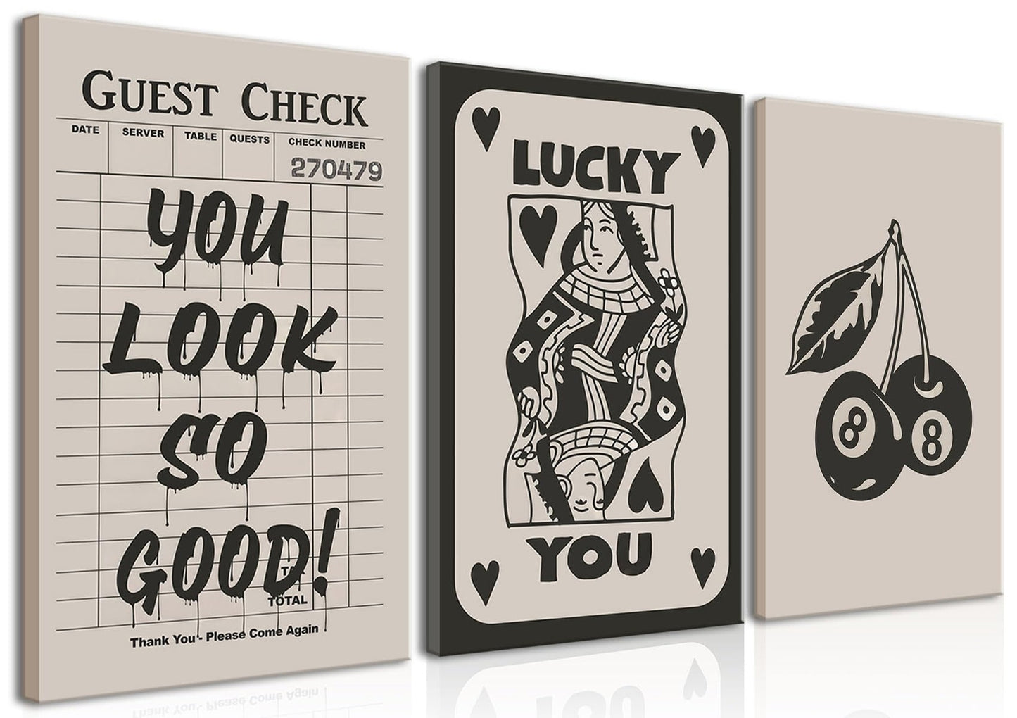 Fashion Poker Framed Canvas Wall Art Set of 3 - Vintage Queen and Lucky You P...
