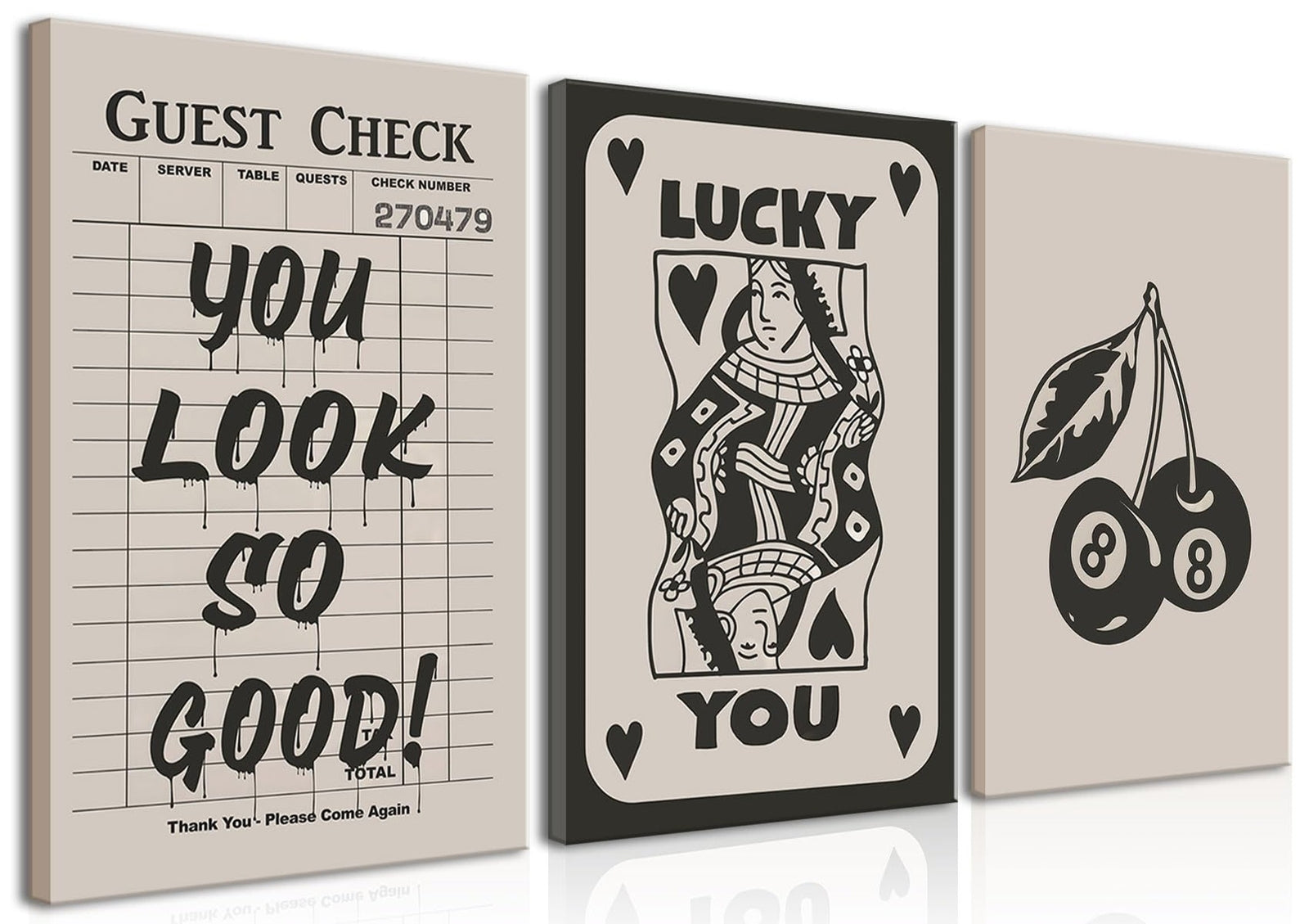 Fashion Poker Framed Canvas Wall Art Set of 3 - Vintage Queen and Lucky You P...