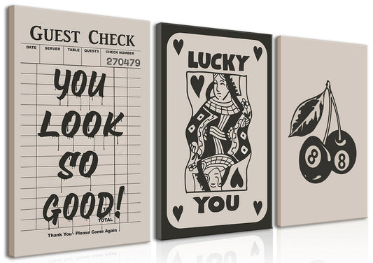 Fashion Poker Framed Canvas Wall Art Set of 3 - Vintage Queen and Lucky You P...