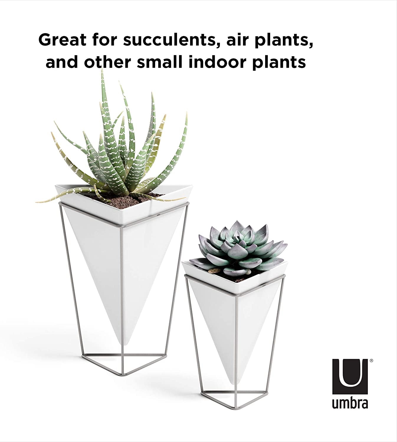 Modern Trigg Desktop Planter Set - Stylish Geometric Ceramic Vases for Succulents, Air Plants, and Mini Cacti - White and Nickel Finish, Set of 2