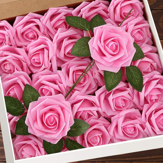 Artificial Flowers 25Pcs Real Looking Fake Roses with Stems for DIY Wedding Bouquets Baby Shower Centerpieces Floral Arrangements Party Tables Home Decorations