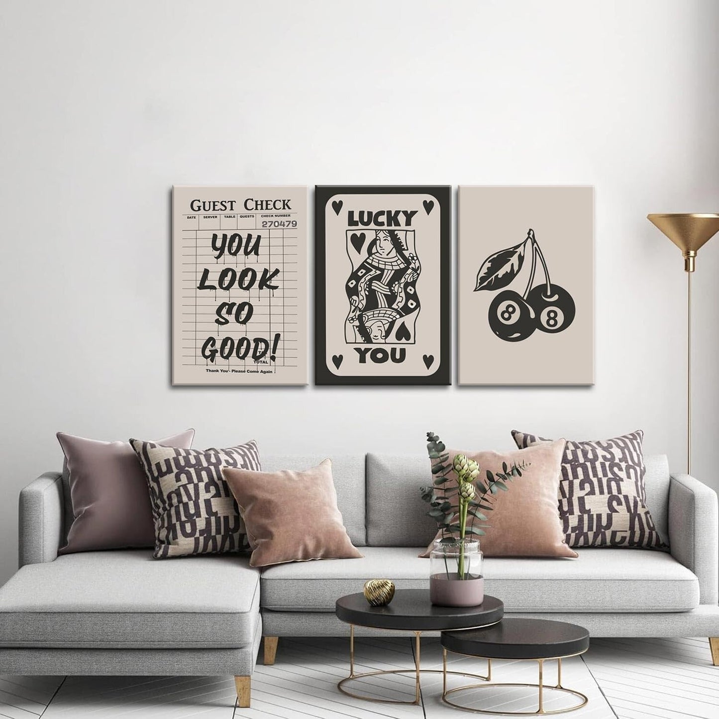 Fashion Poker Framed Canvas Wall Art Set of 3 - Vintage Queen and Lucky You P...