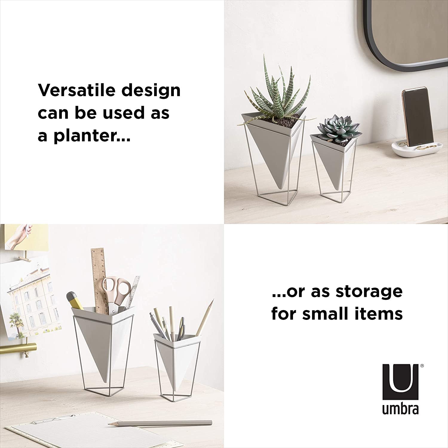 Modern Trigg Desktop Planter Set - Stylish Geometric Ceramic Vases for Succulents, Air Plants, and Mini Cacti - White and Nickel Finish, Set of 2